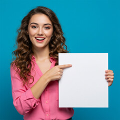 Naklejka premium A trendy young woman with wavy brown hair, wearing a fashionable pink blouse