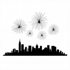 Fototapeta premium Black and white city skyline with fireworks display, festive celebration