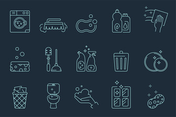 Disinfect hand icon. Clean toilet sanitary. Foam sponge. Soap froth bubble. Bath cleaning. Dish wash bottle. Vacuum cleaner. Bathroom plunger. Dustbin or cleanser dispenser. Vector line symbols set