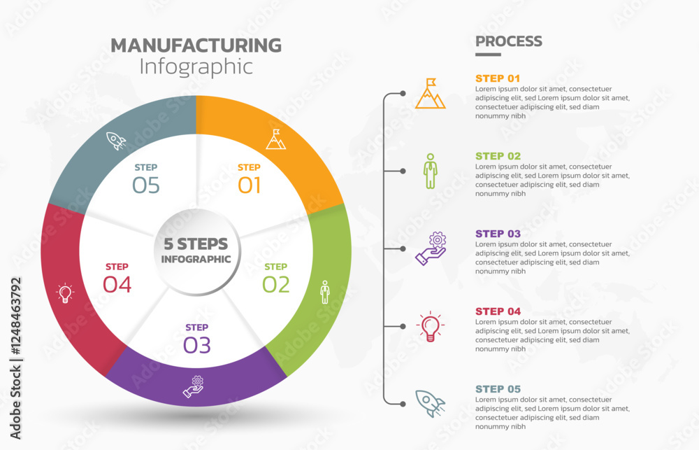 Poster Visual data presentation. Cycle diagram with 5 options. Pie Chart Circle infographic template with 5 steps, options, parts, segments. Business concept. Editable pie chart with sectors. Single layer.