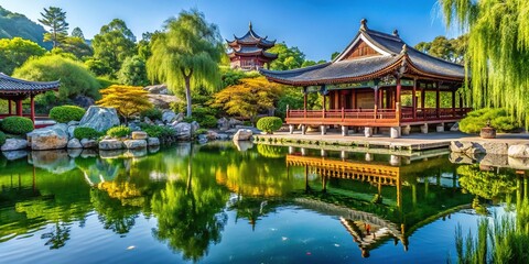 Fototapeta premium Picturesque Zen Temple Amidst Serene Chinese Gardens in Huntington Botanical Gardens, Pasadena