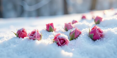 Delicate frozen rosebuds scattered on pristine white snow, snowy, winter, blooms