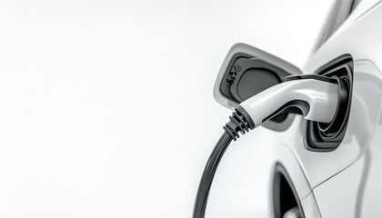 Close-up EV plug connected white modern EV Car for recharging battery energy isolated on white background, green energy on zero emission and copy space
