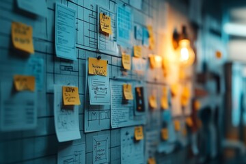 Sticky notes with handwritten ideas pinned to a board