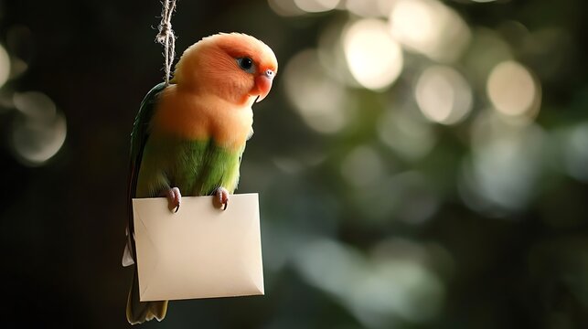 A lovebird perched on an envelope with a blank tag hanging from it
