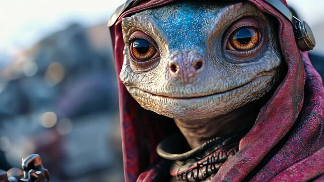 close up face portrait alien human like lizard in desert landscape  