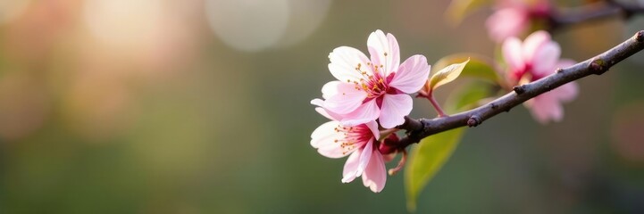 Obraz premium delicate peach blossoms on a bare tree branch in early spring, green leaves, early spring, flower