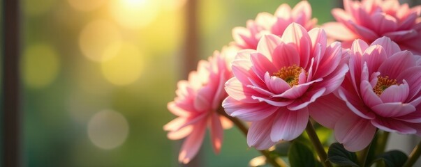 Fototapeta premium Delicate petals glisten in sunlight filtering through the glass, flowers, arrangement