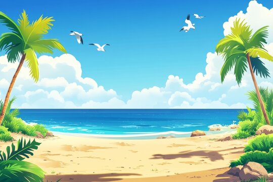 Tropical beach scene with palm trees, birds, and ocean.  Perfect for backgrounds or website headers