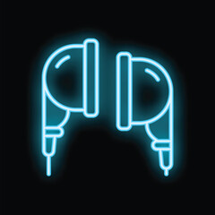 Blue neon icon of headphones glowing on black background representing concept of listening to music