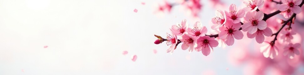 Obraz premium Delicate pink blossoms scattered on a white background with subtle morning light effects, tree, blossom, spring