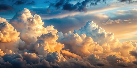 A breathtaking panoramic view of majestic cumulus clouds illuminated by the warm glow of a vibrant sunset, showcasing a dramatic interplay of light and shadow across a vast expanse of the sky