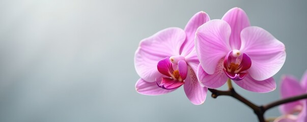 Delicate pink orchid blooms on a soft gray background, blossom, delicate, elegance