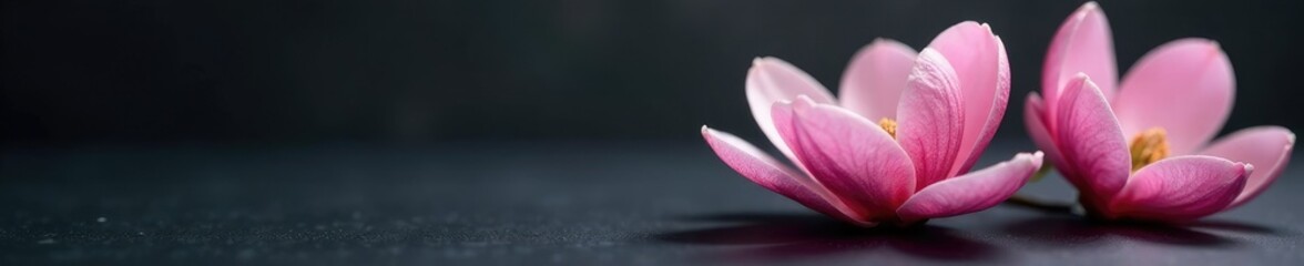 Fototapeta premium Delicate pink magnolia petals unfolding on a dark surface, Foliage, Floral