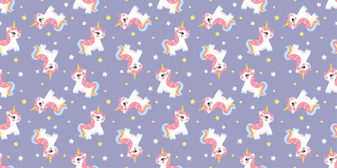 Seamless Cute Unicorn Pattern with Stars on Purple Background