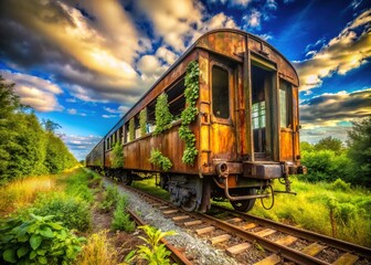 Fototapeta premium Rusting rail car, forgotten tracks, fate's silent promise.