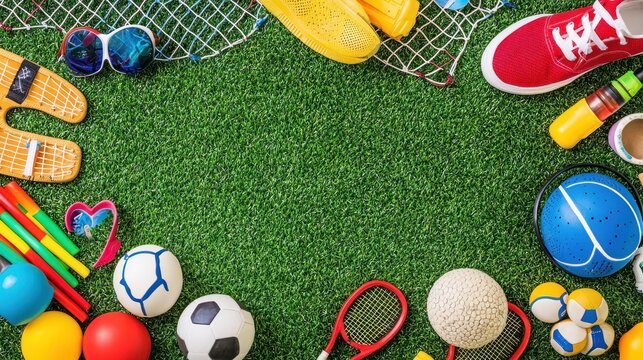 Colorful sports equipment on artificial grass; summer fun; ready for play; background for kids' party