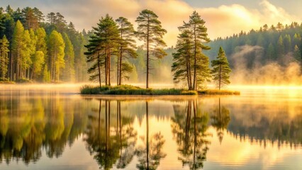 Obraz premium Serene Sunrise over a Misty Lake with Coniferous Trees on a Small Island Reflecting in Calm Waters