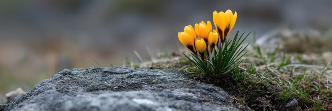 A small yellow flower is growing on a rock. The flower is surrounded by moss and is the only sign of life in the area. Concept of solitude and quietness, as the flower stands alone on the rock
