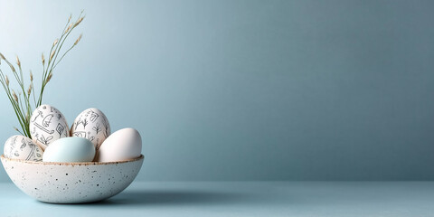 A bowl of eggs sits on a table with a blue background