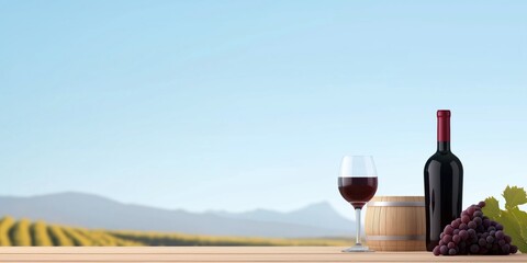 A bottle of red wine, a wine glass, and a bunch of grapes are displayed on a wooden table. Concept of relaxation and enjoyment, as the wine and grapes are often associated with leisurely activities