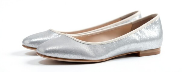 Glittery silver ballet flat shoes on white background with clipping path, clip, silver