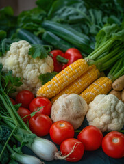 A colorful assortment of fresh vegetables, including tomatoes, cucumbers, bell peppers, and leafy greens, perfect for a nutritious salad.