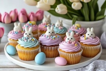 Assorted pastel cupcakes decorated with creamy frosting and sprinkles