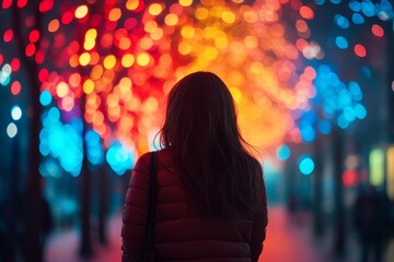 Fototapeta premium Young woman admiring glowing lanterns on a festive street at night