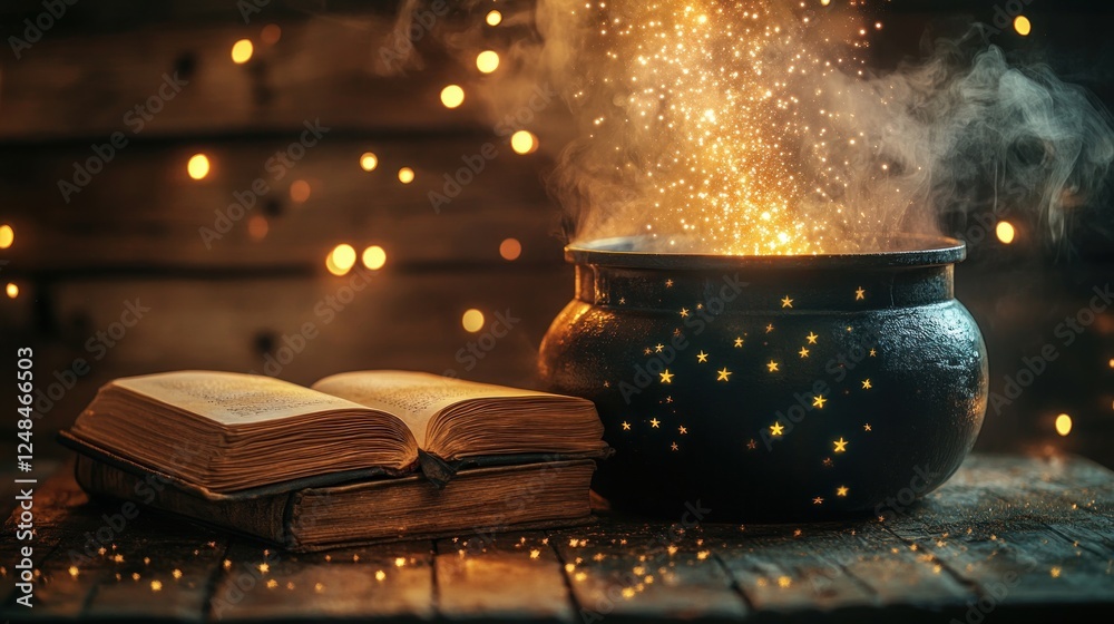 Aufkleber Magical Cauldron Brew Glowing With Mystical Sparks And Ancient Book