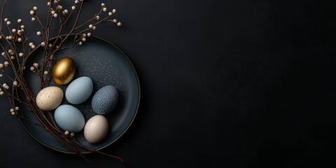 A plate with eggs and a branch of flowers on it