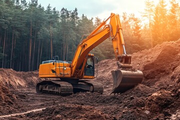 Powerful excavator digging in forested terrain at sunset