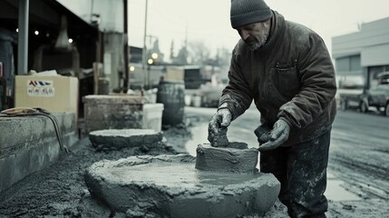 Man Working With Cement Shaping Blocks Outdoors