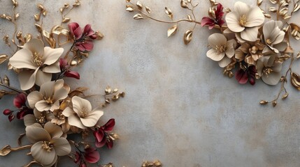 3D flower arrangement with gold elements on an old concrete wall