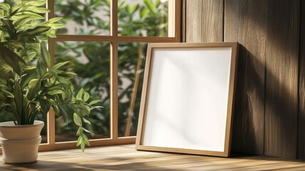 Mockup of an empty frame leaning against the window in a rustic wooden house- close up shot- natural light from the windows- greenery outside