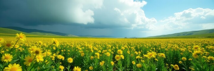 Obraz premium Patagras bajo nubes grises con flores almidonadas y verdejillos amarillos, flor amarilla, flechas verdes