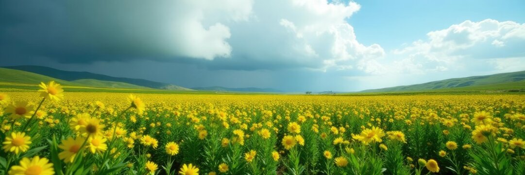 Patagras bajo nubes grises con flores almidonadas y verdejillos amarillos, flor amarilla, flechas verdes