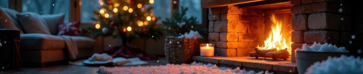 Snowflakes gently fall around a cozy fireplace with a warm and inviting atmosphere, serene, snowflakes, holiday