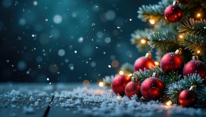 Snowflakes gently fall on a dark canvas of twinkling lights and ornaments, icy atmosphere, holiday decoration
