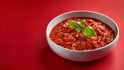Italian traditional food bolognese sauce on red background