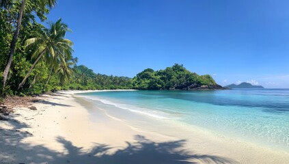 Discover Secluded Tropical Beach Paradise: White Sand, Crystal Clear Water, Lush Greenery, Palm Trees, Island Getaway, Tranquil Escape, Summer Vacation, Coastal Beauty, Ocean Waves, Exotic Location