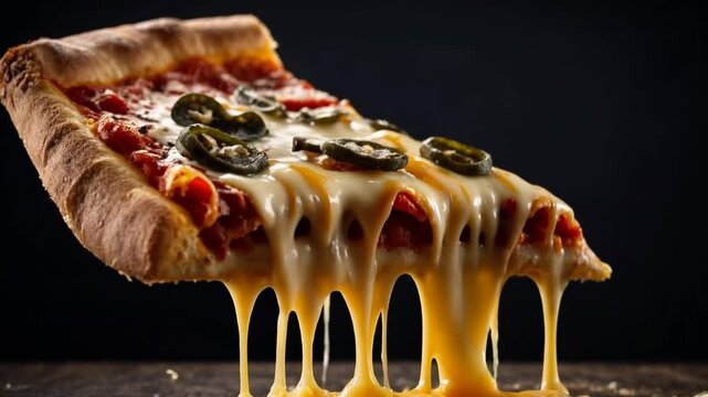 delicious pizza slice with tasty cheese falling from lifted from a pan of pizza, with a traditional pizza stove as a background
