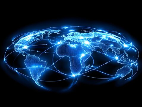 Global network connections, illuminated world map, dark background, digital communication