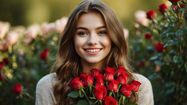 Beautiful young woman with bunch of red roses, giving herself flowers on Valentine's day. Concept of self love and self validation. Single girl happy with beautiful flowers