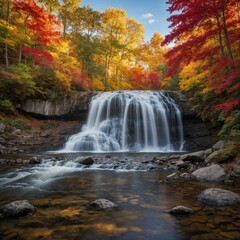 "Majestic waterfall cascading through a vibrant autumn forest, surrounded by colorful trees in shades of red, orange, and yellow. Soft mist rises from the flowing water, creating a dreamy atmosphere. 