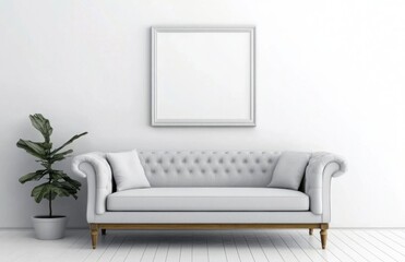 White wall with an empty picture frame above a gray sofa
