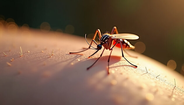 Mosquito biting human skin in close-up