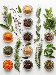 A flat-lay composition of assorted herbs and spices arranged in bowls and wooden spoons on a white background, showcasing vibrant colors and textures