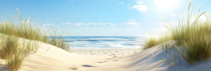 Ingelijste posters Duinen A warm summer beach scene with golden sand dunes and sea grass swaying under a bright azure sky  © Aryan