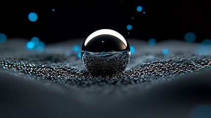 Reflective sphere on textured surface, blue particles in dark background; abstract wallpaper